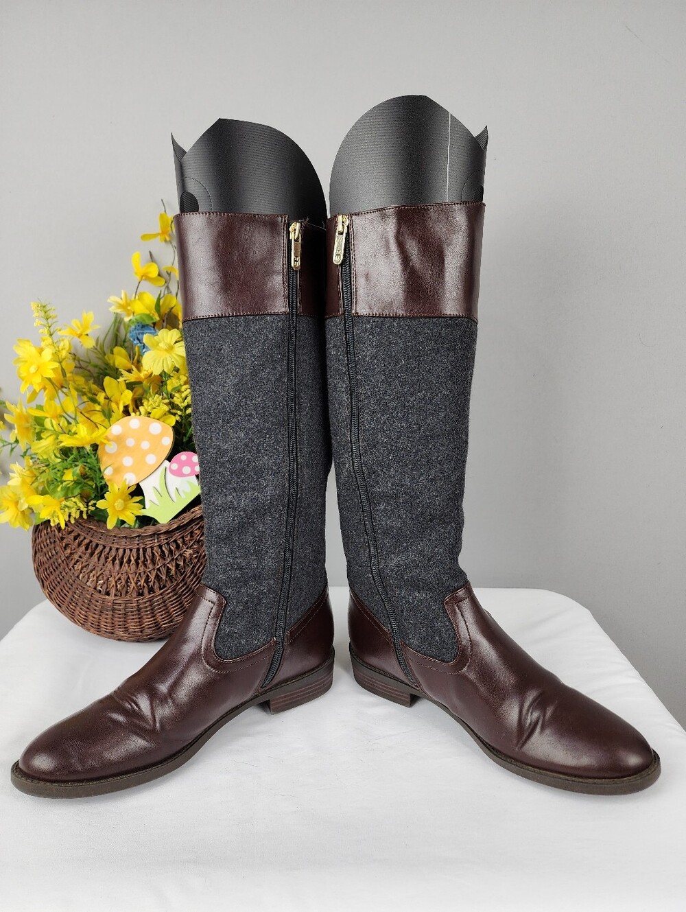 Tommy Hilfiger Madelen Tall Boots - Brown Leather & Grey Wool Sz 8 - Picture 3 of 11